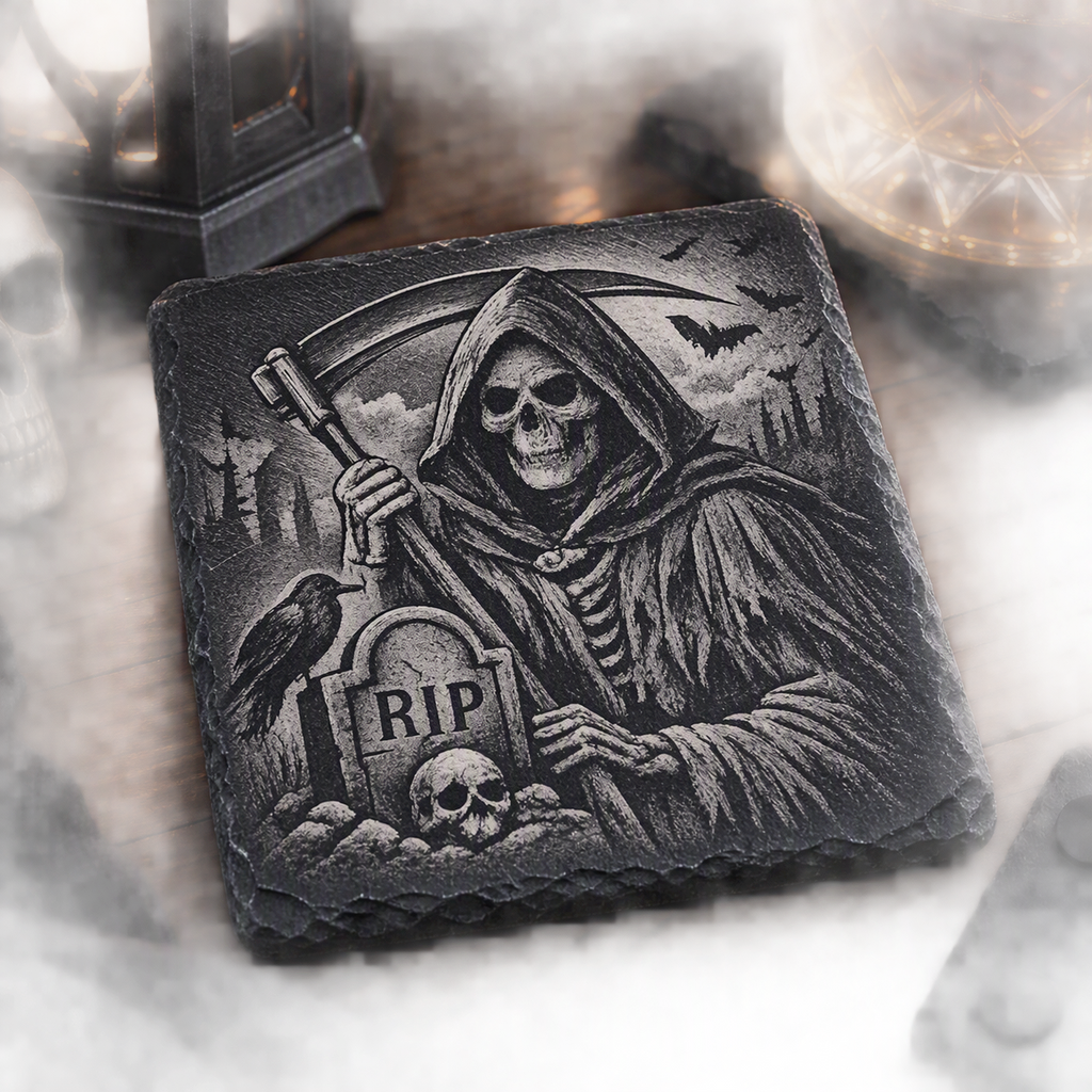 Grim Reaper Engraved Slate Coaster | Gothic Skull & Raven Design | Halloween Decor | Horror Fan Gift